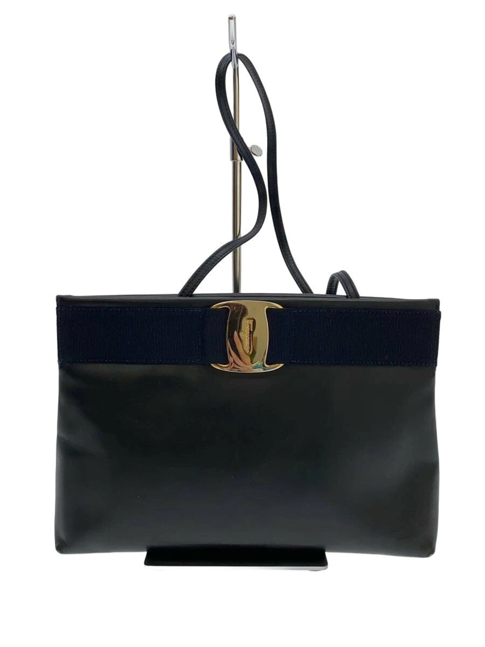 Salvatore Ferragamo Vara Clutch Shoulder Bag Leather Navy Blue